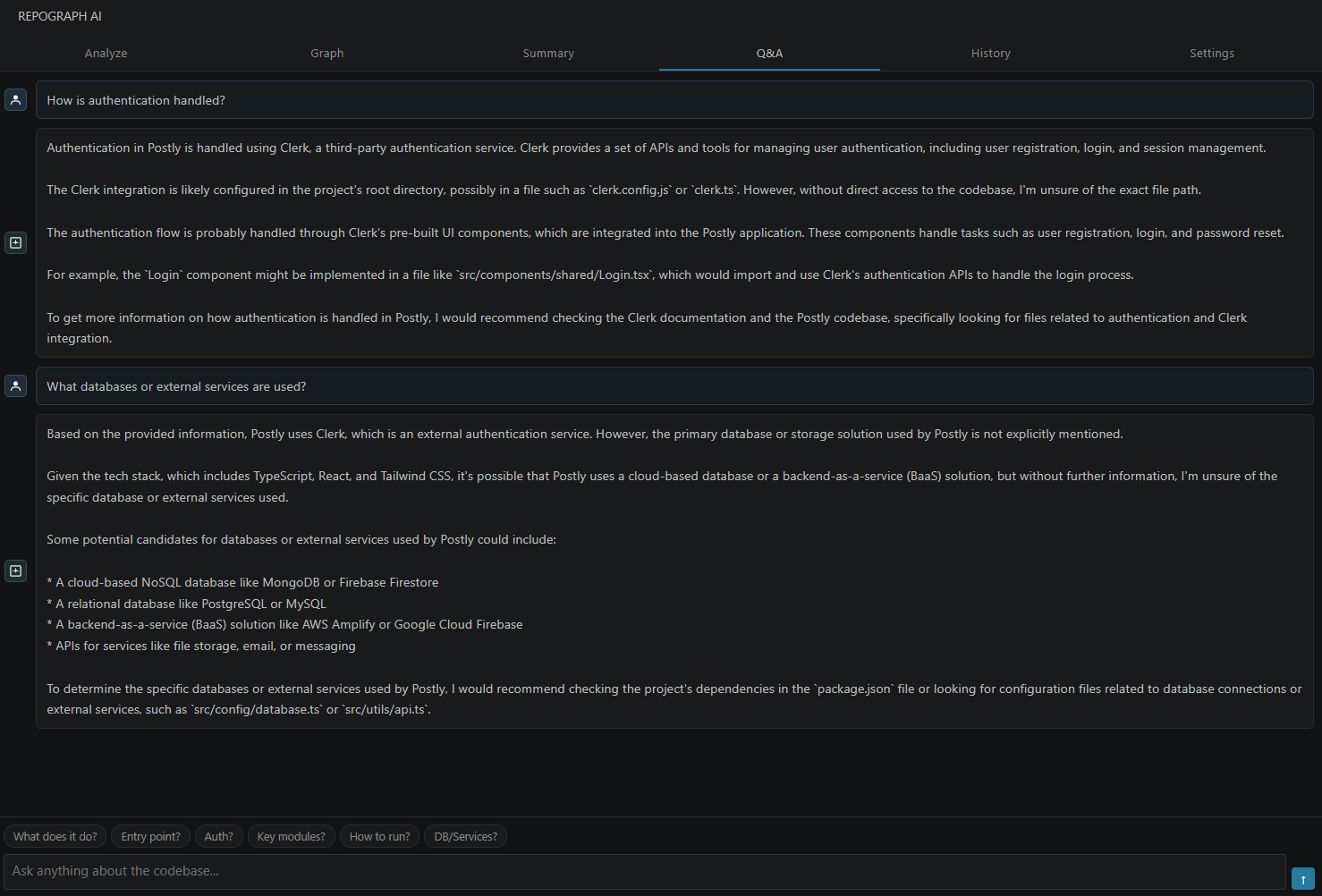 RepoGraph AI Q&A panel answering codebase questions