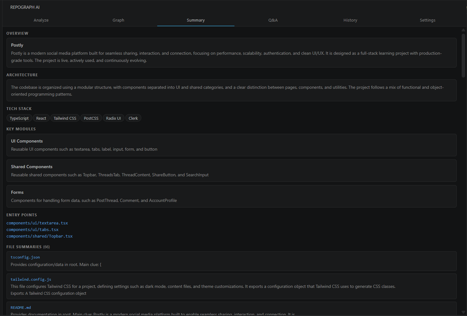 RepoGraph AI summary panel with AI-generated overview